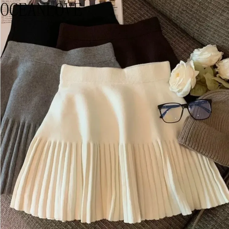 

OCEANLOVE Autumn Winter A-line Women Skirts Solid Korean Fashion High Waist Simple Faldas Mujer Basics Sweet Mini Skirt