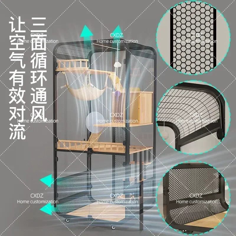 Luxury Solid Wood Cat Villa with Panoramic Glass Large Space Three Story Cage House with Smart Toilet for Home