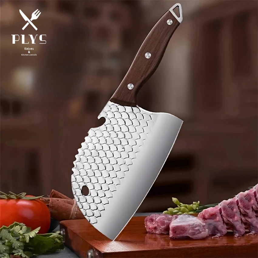 PLYS Forged Meat Cleaver Stainless Steel Carved Dragon Scale Chef Knife Sharp Kitchen Melon and Fruit Slicing Knife