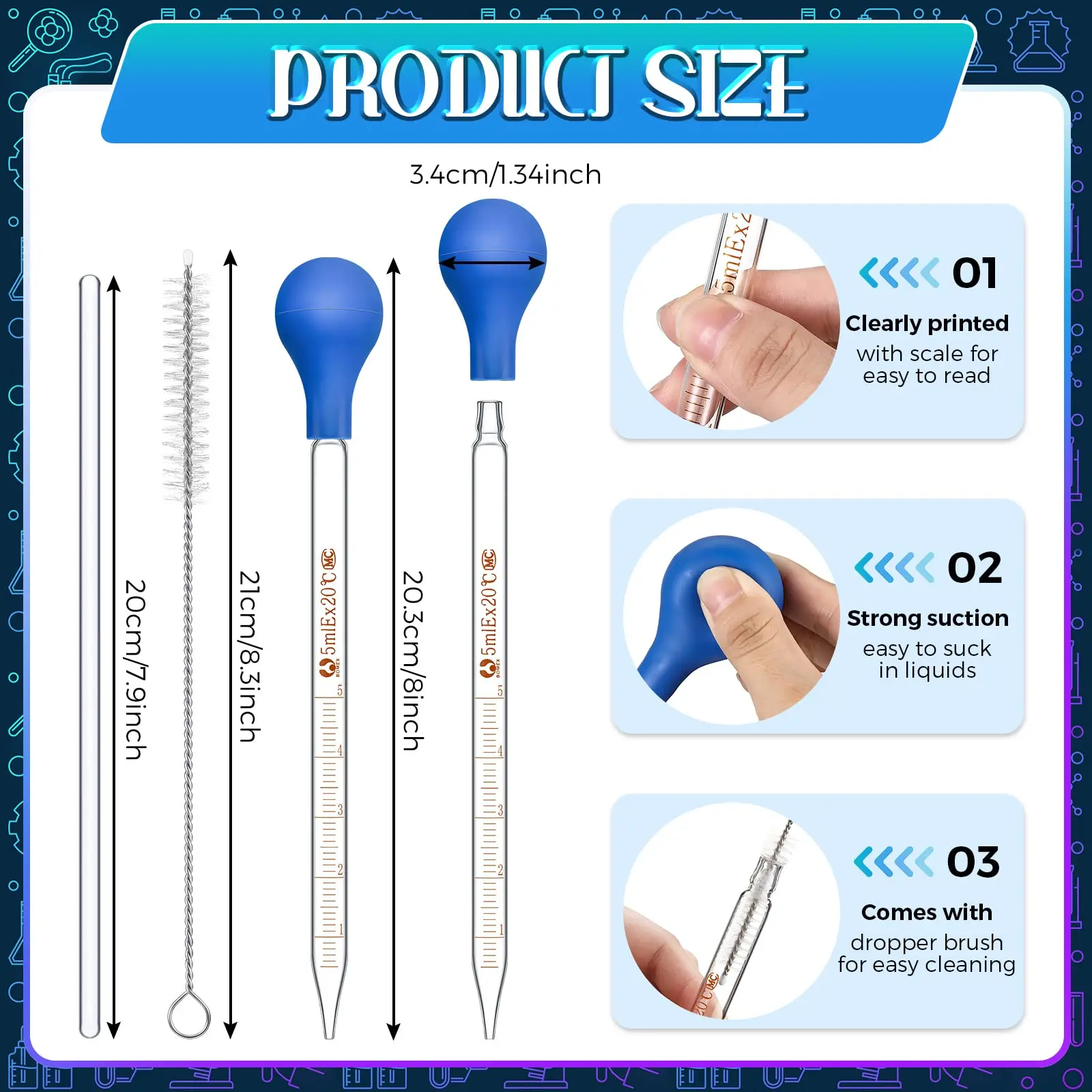 Glass Graduated Droppers Lab Pipettes Dropper Glass Liquid Pipette with Big Rubber Hats 20 cm Glass Stir Rod  (16 Pieces, 5 ml)