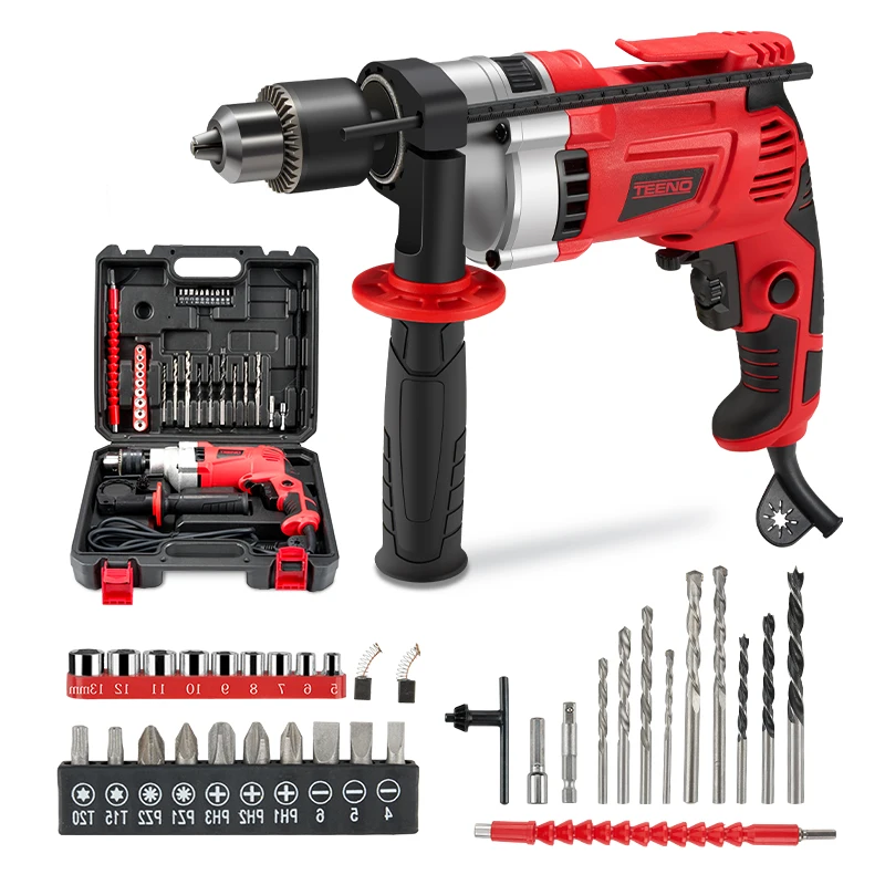 Trapano a percussione elettrico TEENO con cavo, 910W, 38 accessori con valigetta, 0-3000 giri/min, velocità variabile, mandrino da 13mm, 360° ° Maniglia Ausiliaria per Calcestruzzo, Lamiera