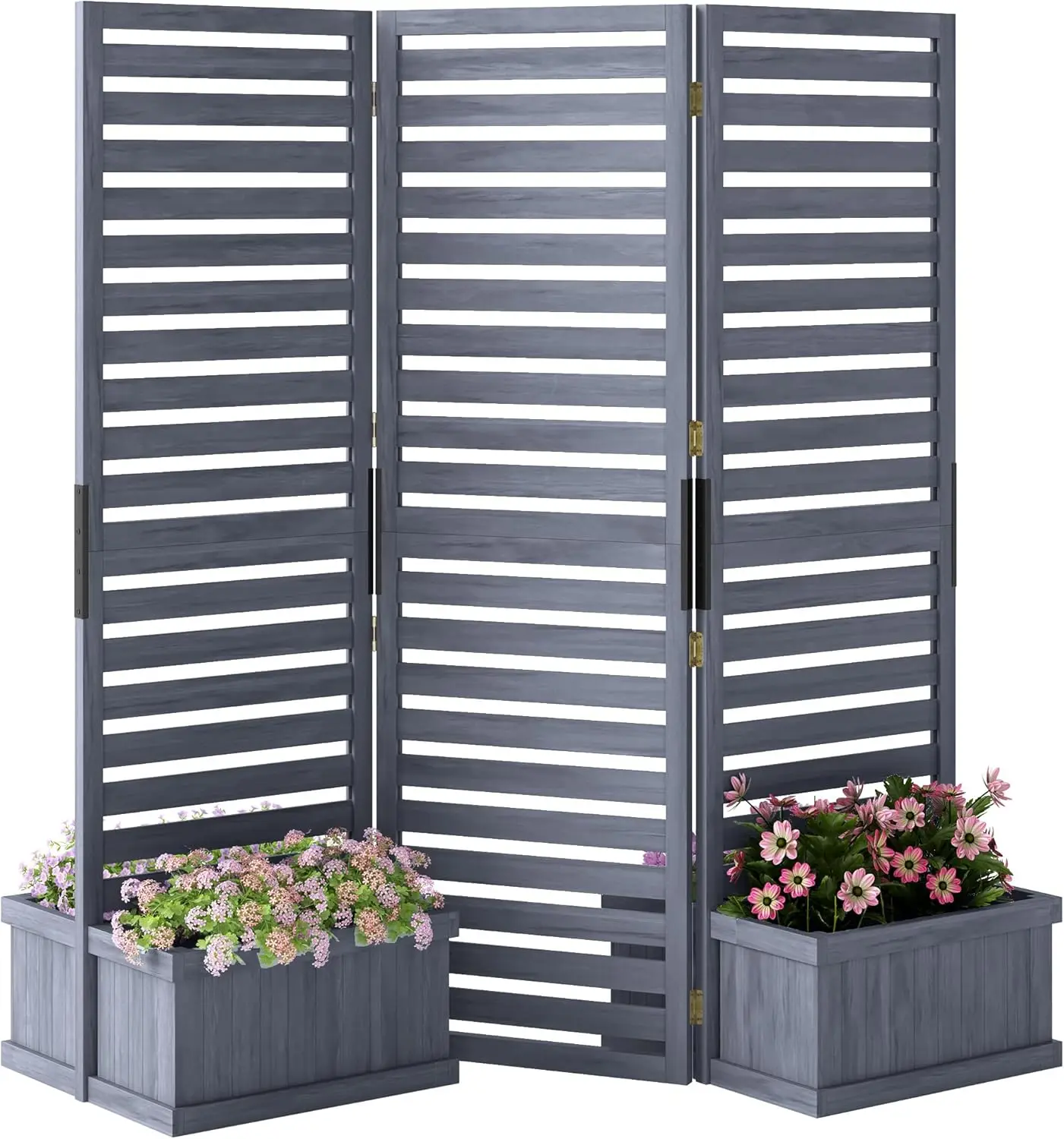 

Freestanding Outdoor Privacy Screen, 4 Self-Draining Planters/Raised Garden Beds, 3 Hinged Panels for Hot Tub, Patio, Backyard
