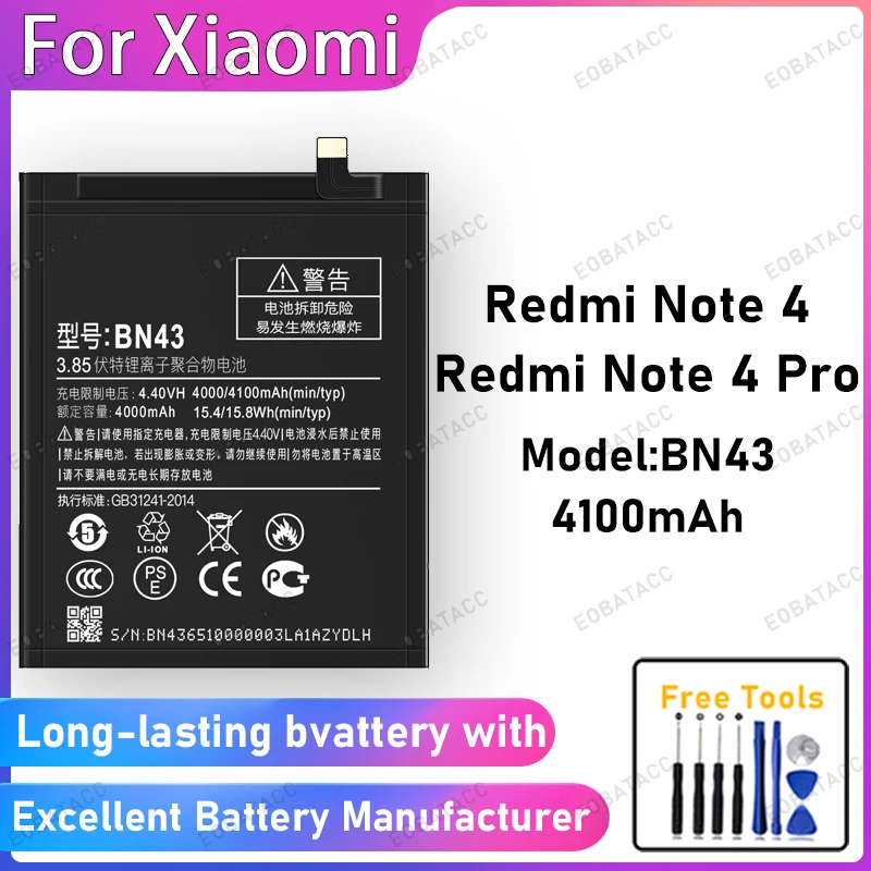 100% New 4100mAh BN43 Battery For XIAOMI Redmi Note 4/Note 4 Pro Battery Replacement Bateria+Free Tools
