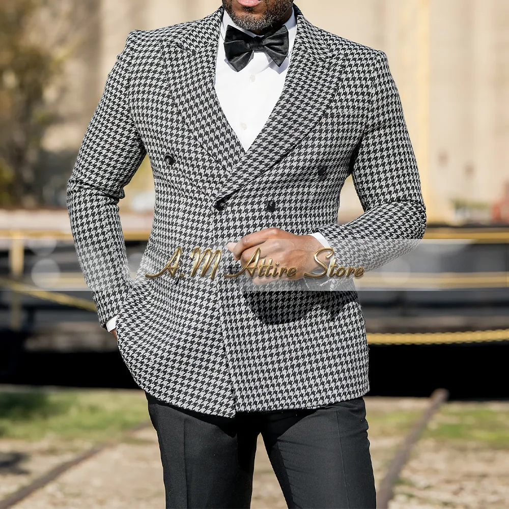 

Men's Jacquard Suit in Heather Grey Tweed Houndstooth Blazer Black Pants 2pcs Set Business Wear Wedding Cocktail Party Tuxedo