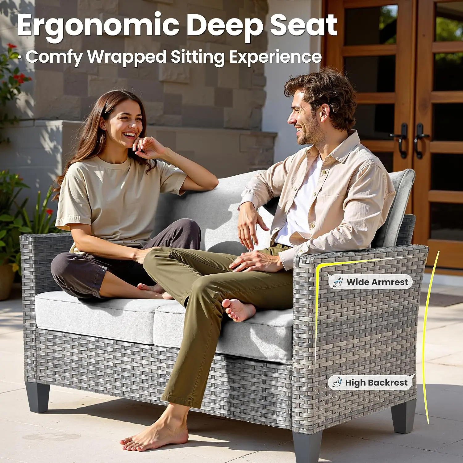 2-Seater Wicker Rattan Sofa, All Weather High Back Deep Seat Patio Seating with Cushions for Porch Garden Deck, Grey, Customized