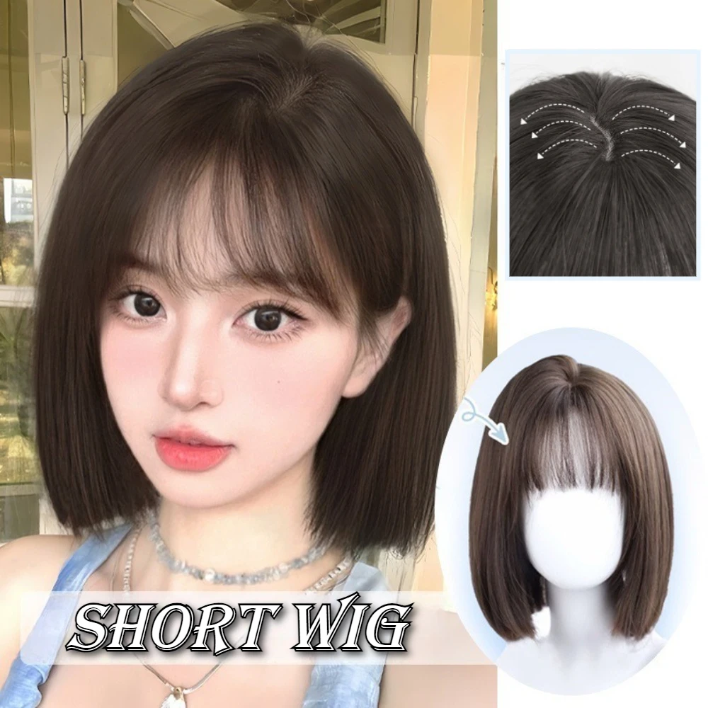 

12-дюймовый модный короткий черный парик с челкой для женщин, синтетические волосы, прямые парики, естественный вид, парики с головным убором для ежедневного использования