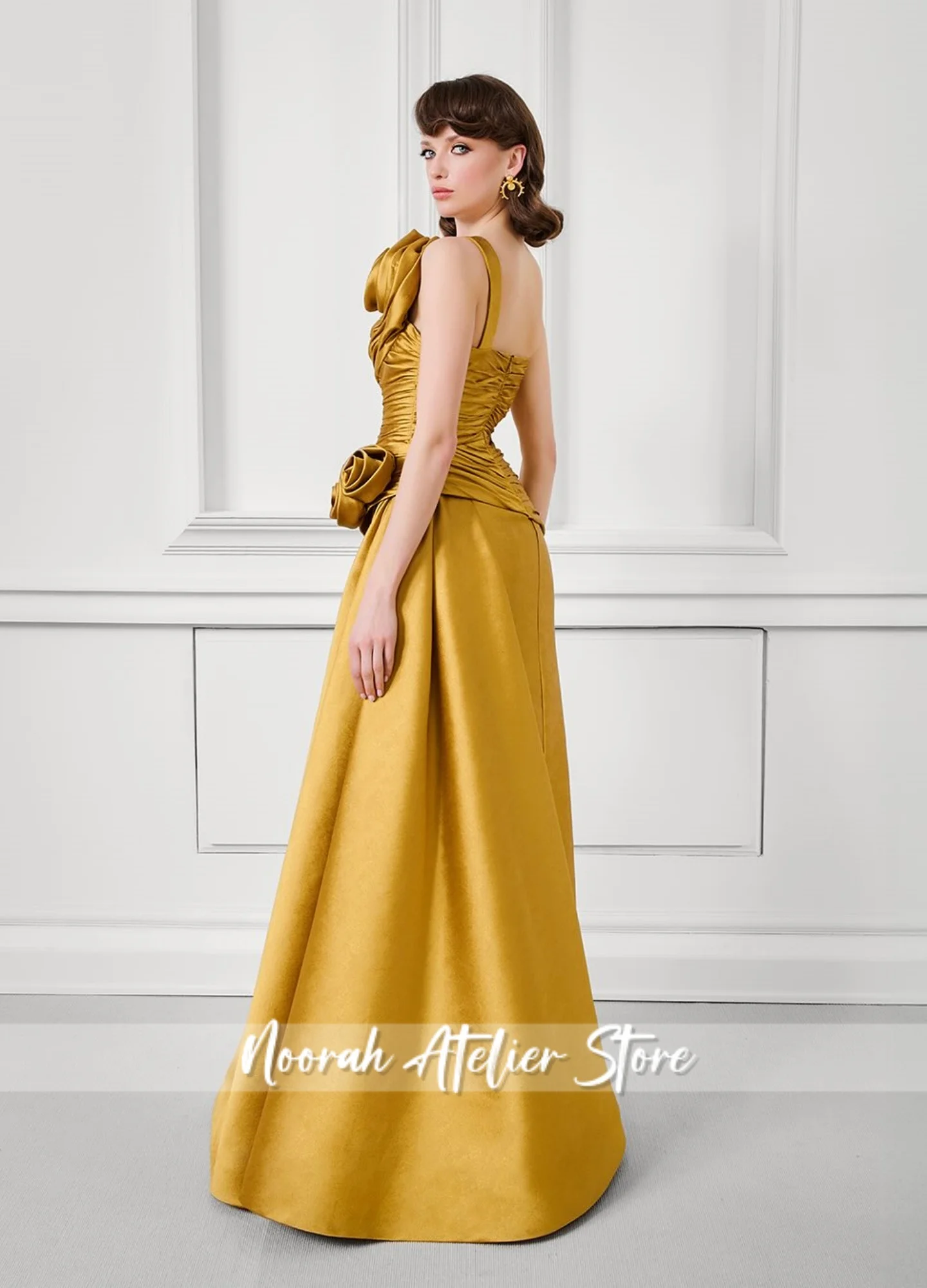 New Yellow One Shoulder Peplum Satin Flower Luxury High Quality Women Slit Evening Dress 2025 Wedding Long Party Gown Customized