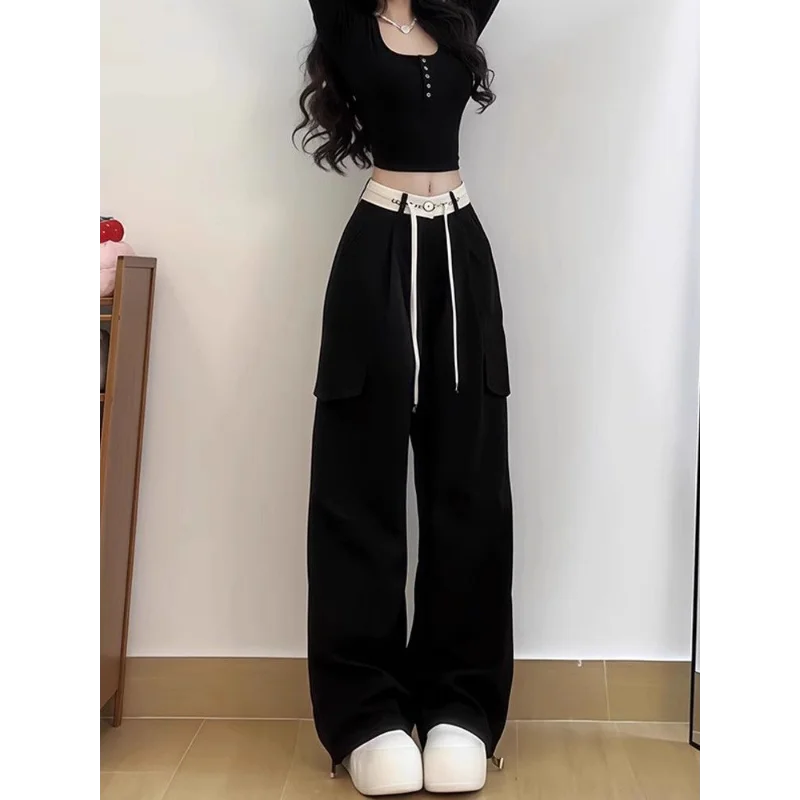 

Black Cargo Pants Women High Waist Loose Fit Slimming Wide Leg Trousers