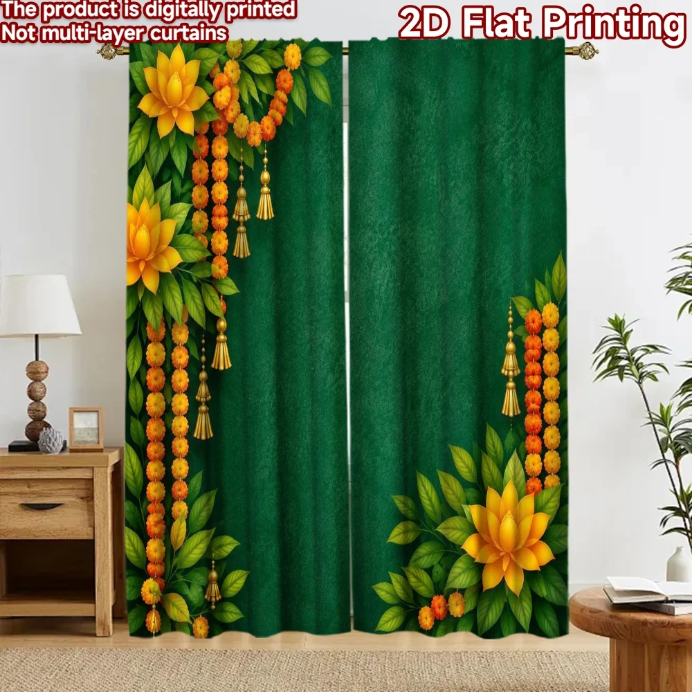 2D flat 2pcs Curtain Home Short Curtains Diwali Lotus Marigold Garlands Digitally printed polyester, colorfast Festive Curtains