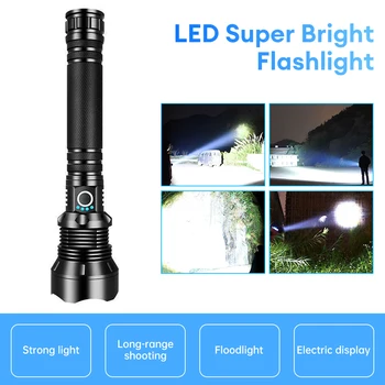 XHP90 가장 강력한 LED 군사 전술 손전등, USB 충전식 슈퍼 브라이트 줌 토치 캠프 램프, 25000000LM 