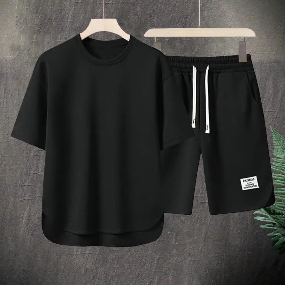 2Pcs/Set Men Summer Casual Outfit Short Sleeve T-shirt Elastic Drawstring Waist Wide Leg Shorts Set Activewear Set 남자 운동복 세트