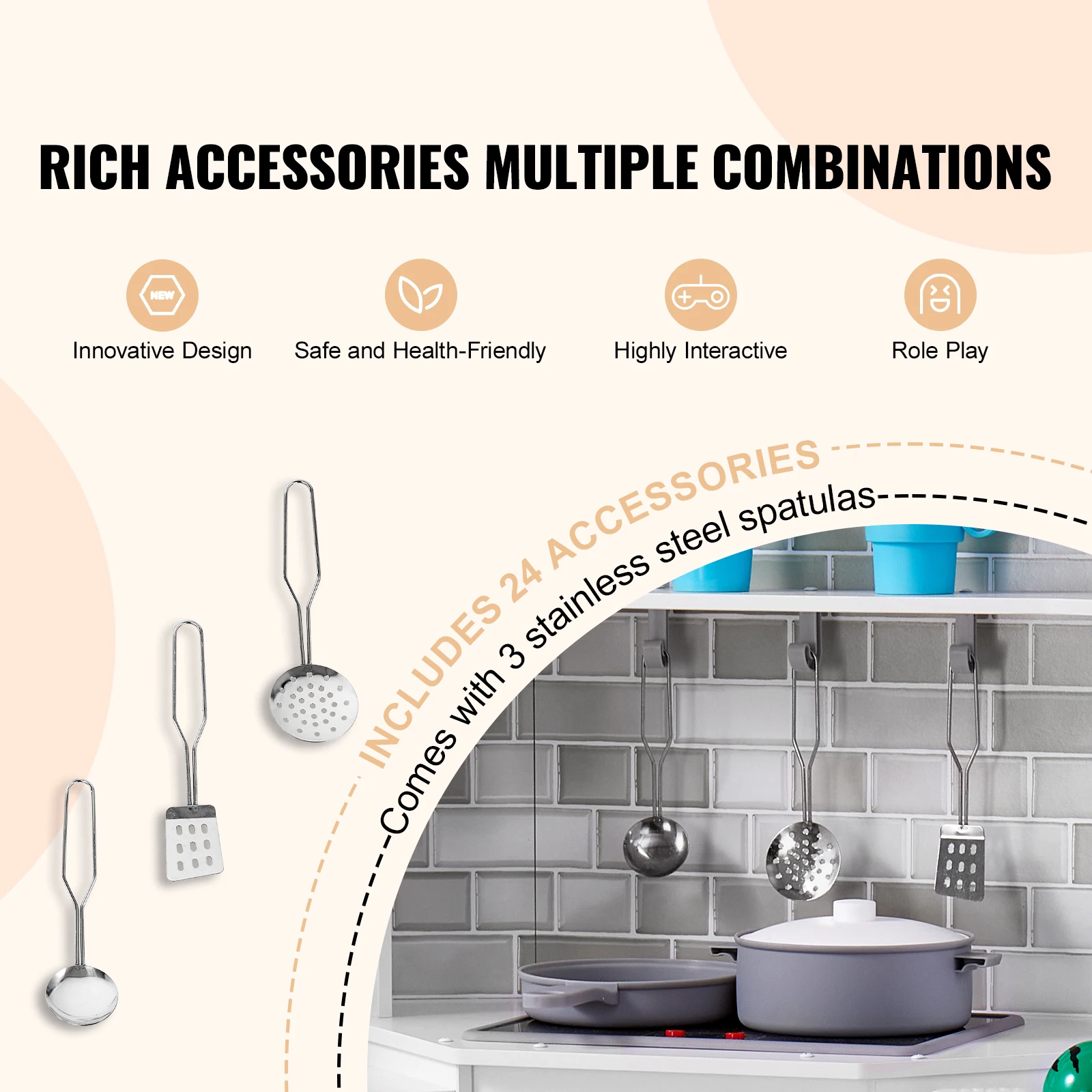 SucceBuy Narożna Drewniana Kuchnia Zabawka Zestaw Zabawek Kuchennych dla Dzieci z Podświetleniem i Dźwiękami dla Dzieci w Wieku Przedszkolnym Dziewczynek Prezenty