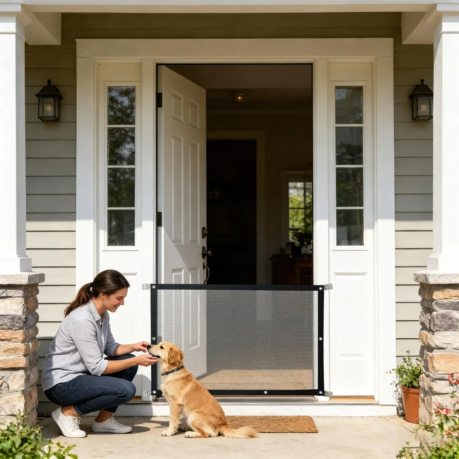 Dog Gate Outdoor No Drill Folding Portable Safety Guard Indoor Dogs Screen Mesh Gate For Doorway Stairs Indoor Outdoor Kitchen
