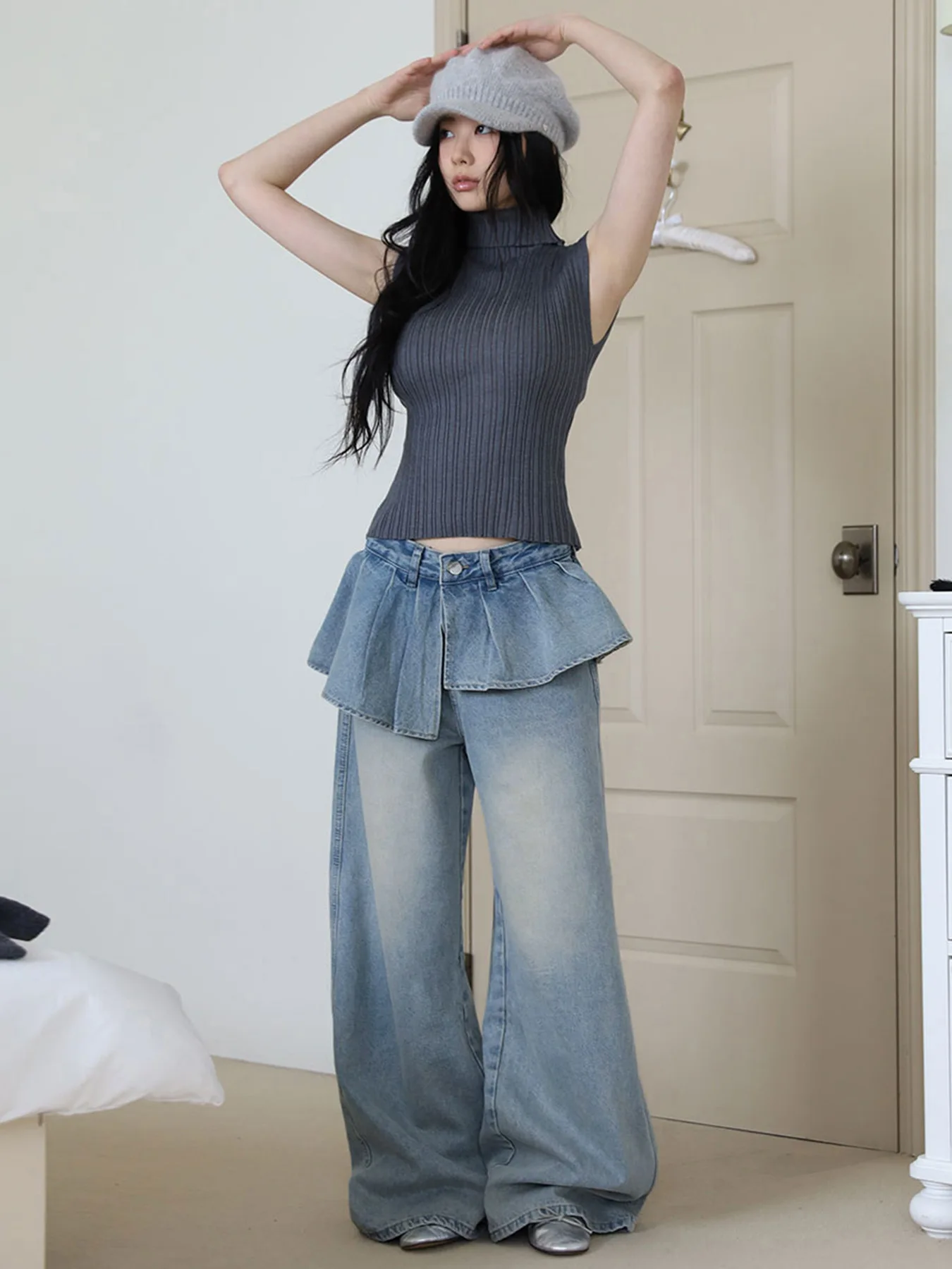 Irregular Ruffle Edge Splicing Jeans For Women French Washed Blue Denim Skirt Pants Fashion High Street Fake Two-piece Trousers