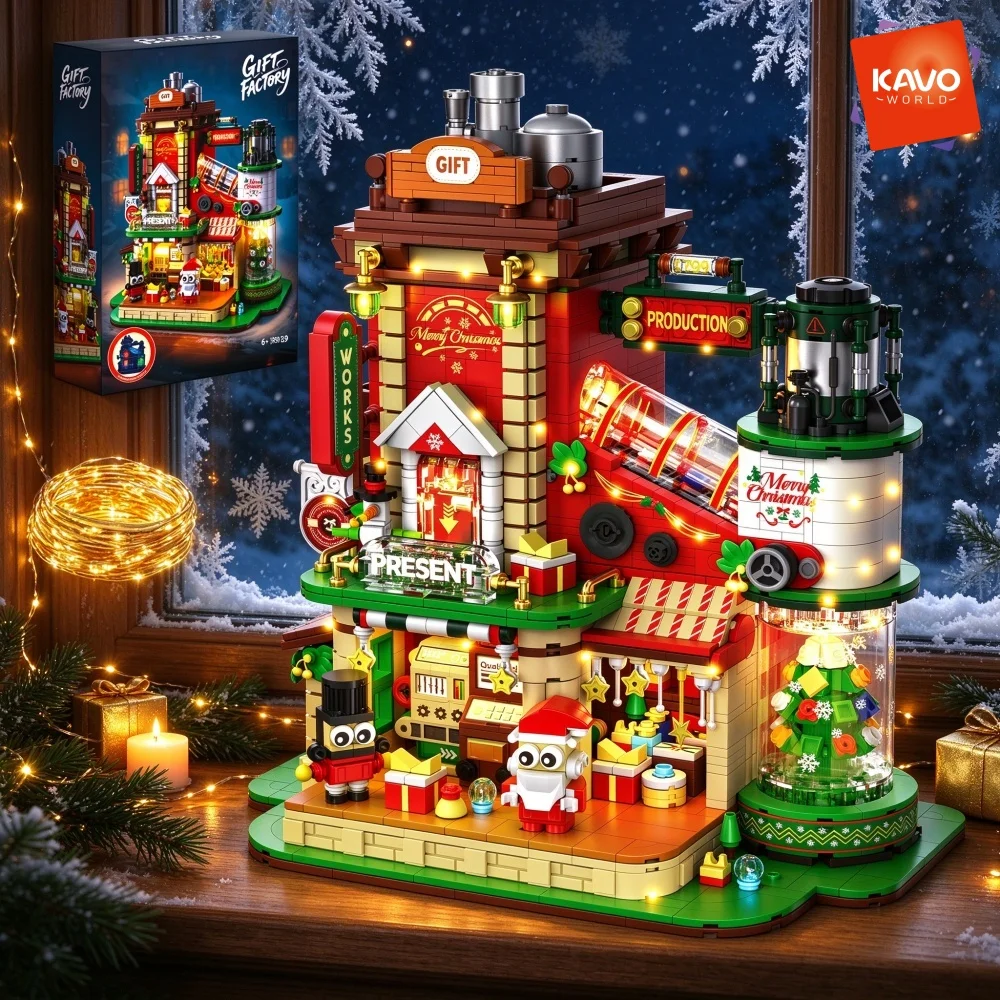 KAVOWORLD 2782pcs Super Gift Factory Building Blocks Set DIY Creative Christmas Winter Village Santa Claus Snowman Soldier Christmas Tree Gingerbread Holiday Cottage Bricks Toy Kit With LED Light Moving Conveyor Belt Tabletop Decor For Xmas New Year Gifts