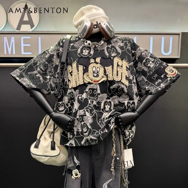 

2026 New Arrival Trendy Brand Patch Embroidered Cartoon Printed Short-sleeved T-shirt Women's Loose Design Short Tops Ins Tshirt