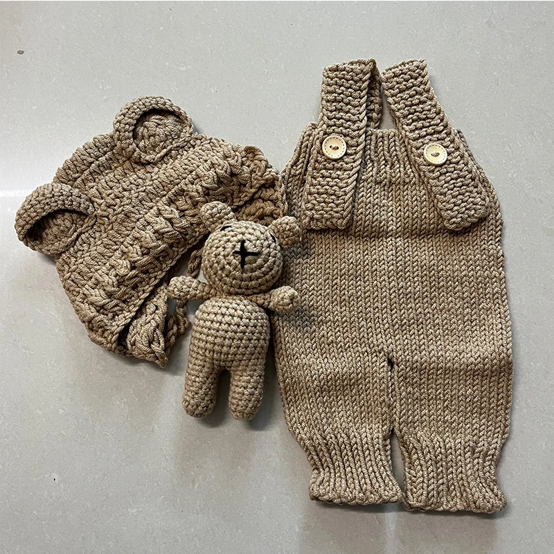 Halloween Costumes Newborn Photography Clothing Knitted Suspender Jumpsuit and Hat Bear Doll Sets Decor Baby Photoshoot Props