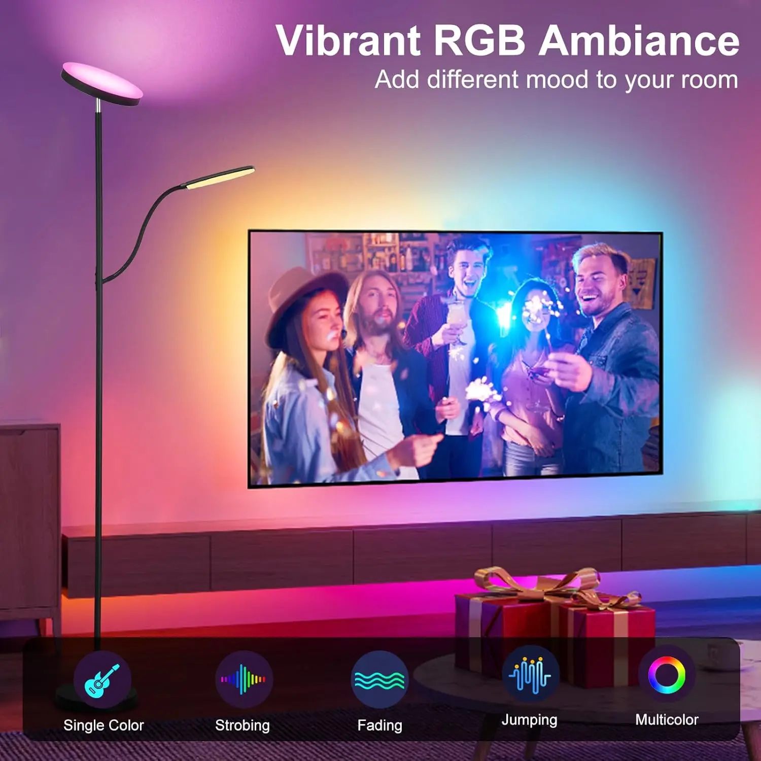 مصباح أرضي Dimmer RGB، 24W/2000LM رئيسي + ضوء جانبي 10W/350LM، 3 ألوان قابلة للتعديل، جهاز تحكم عن بعد وجهاز تحكم في التطبيقات لغرفة المعيشة