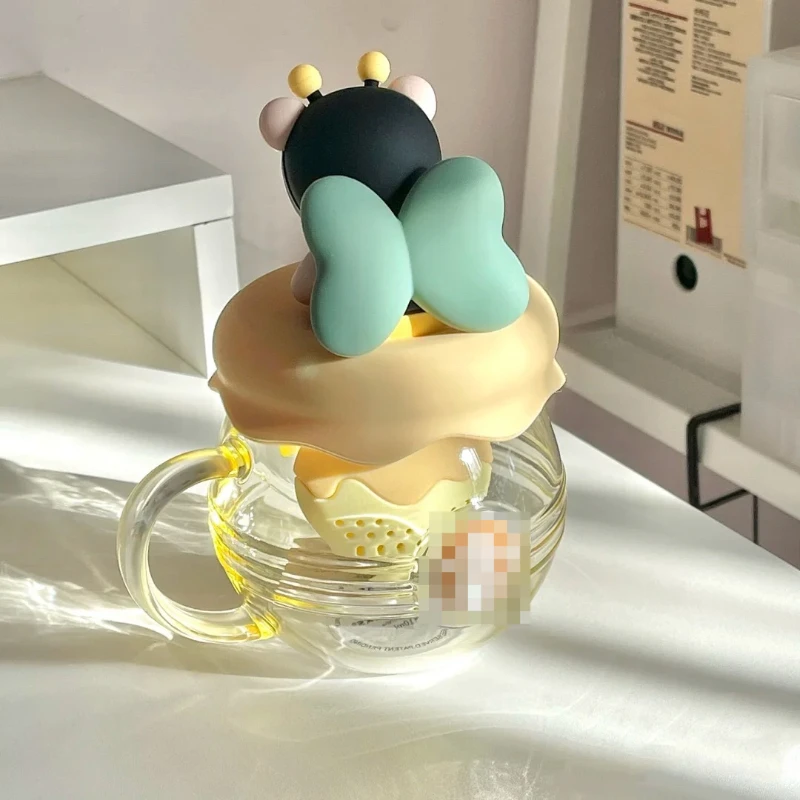New Creative Cartoon Bee Tea Cup with Lid,Milk Glass with Handle, Coffee Cups,glass Mug,cup Set, Fall Mug ,cold Cups,kawaii Mug