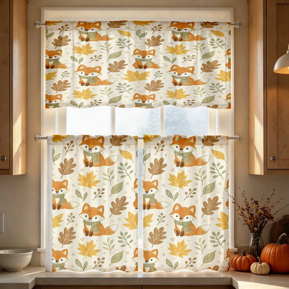 Thanksgiving Fall Kitchen Curtains, Cartoon Fox Maple, Digital Print, Kitchen Dining Room, Rod Pocket Polyester, Home Decor