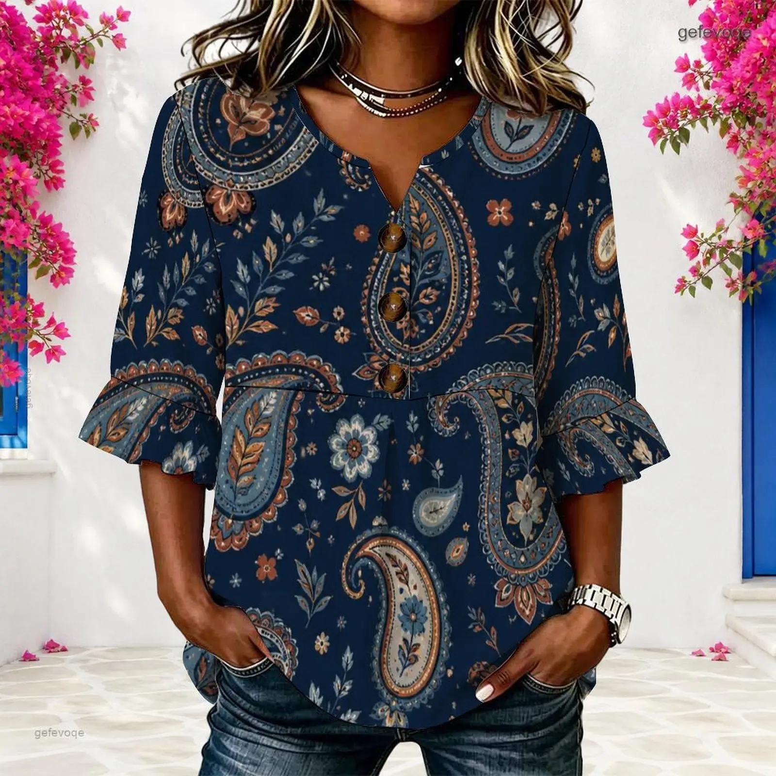 Women Boho Ethnic Floral Paisley Printed Notch V Neck 3/4 Ruffle Sleeve Button Front Blouse