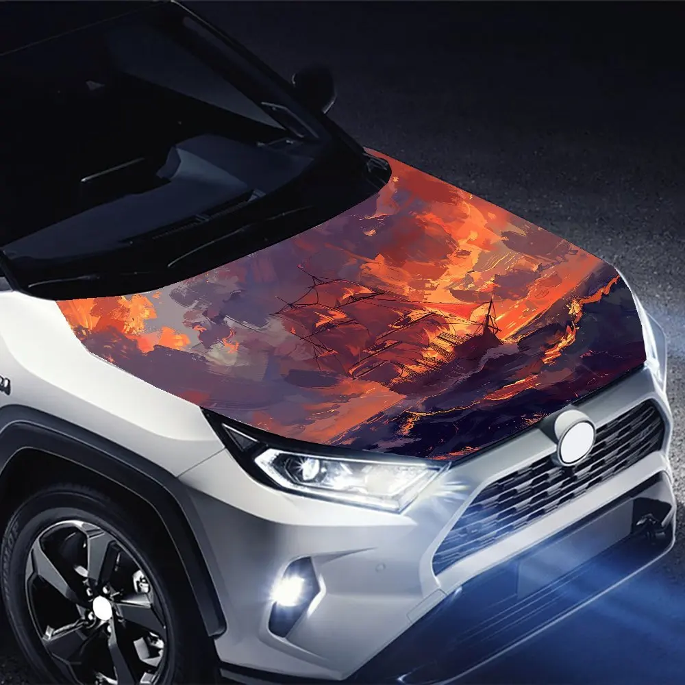 ملصق غطاء محرك السيارة على شكل قارب إبحار عند غروب الشمس - ملصق لف من الفينيل المتين مع معظم المركبات، مادة فينيل خارجية عالية الجودة