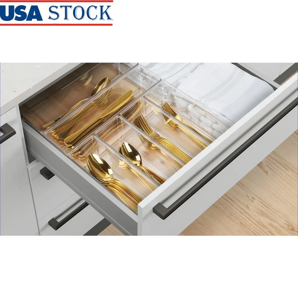 

6 Piece Kitchen Drawer Organizer Set Modular Storage Bins BPA Free Clear Plastic Utensil Organization Solution