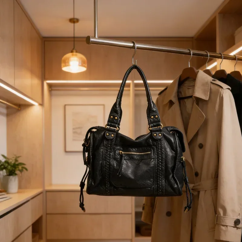 Retro French Motorcycle Bag Large Capacity Shoulder Crossbody Tote Bag Women's Washed Bag Soft Horizontal Square Shape Zipper