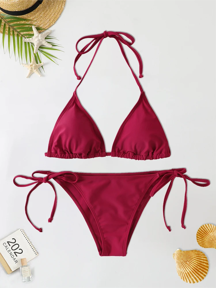 2Pcs/Set Women Thong Bikini Set Side Lace-up Sexy Swimsuit Bandage Neck Tie Swimwear Adjustable Brazilian Style Bikini Underwear