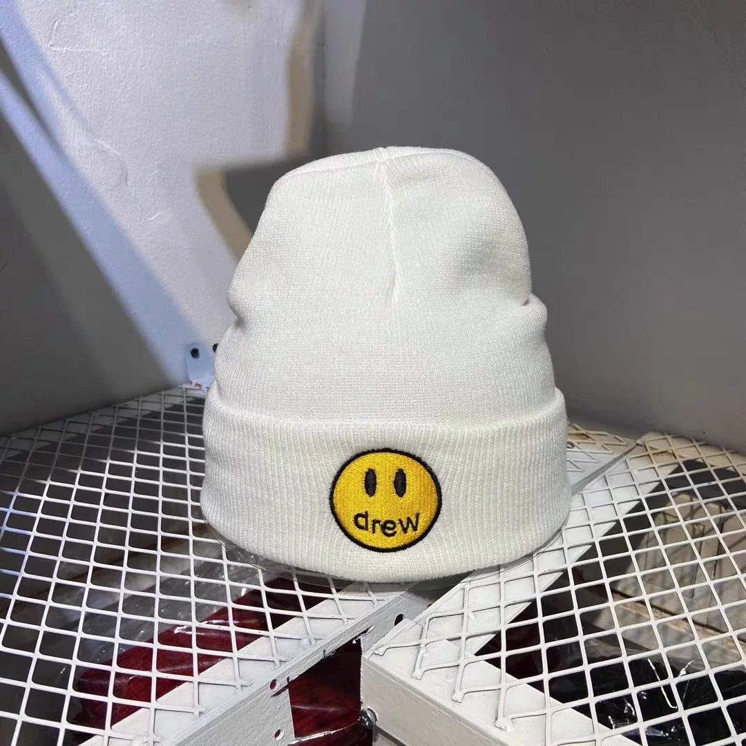 Drew House Cream Beanie with Yellow Smiley Drew House beanie men women Justin Bieber smile hip hop hat  main image 2