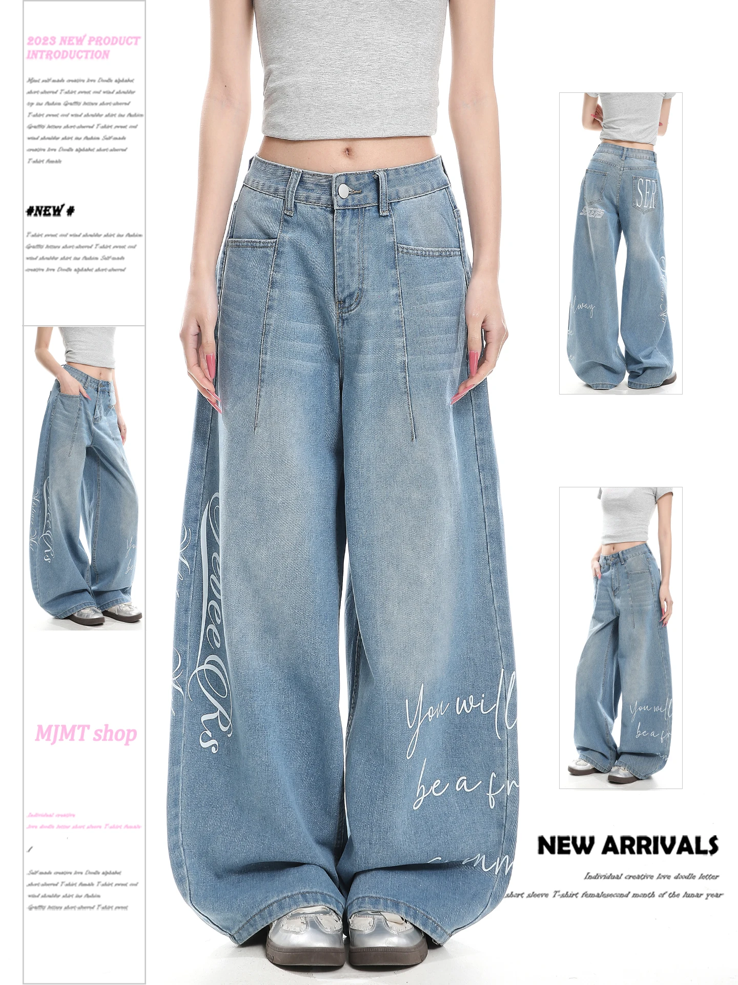 American Style Washed Letter Print Wide Leg Jeans Women Loose Drape Casual Spring Straight Leg Long Trousers