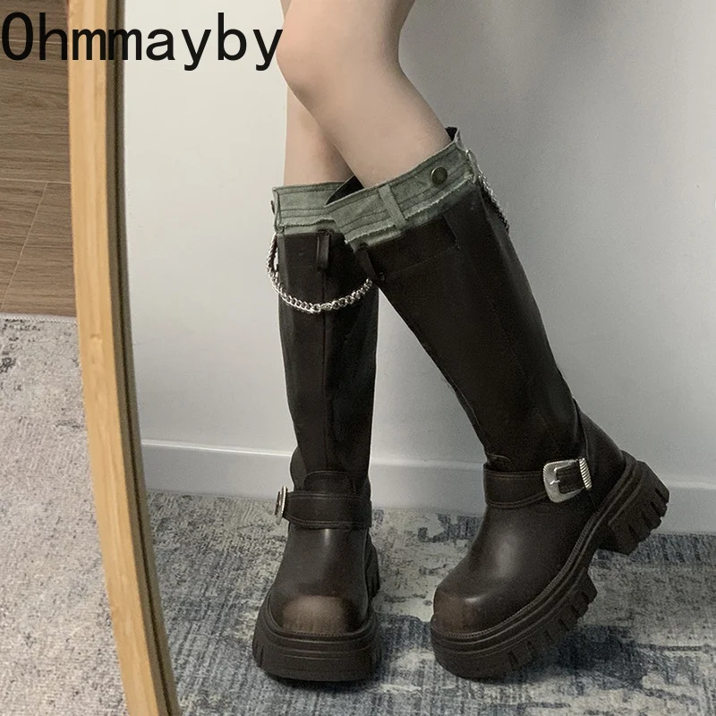 

Platform Women Knight Knee High Boots Fashion Slip On Belt Buckle Long Boots Autumn Winter Women's Thick Heel Shoes