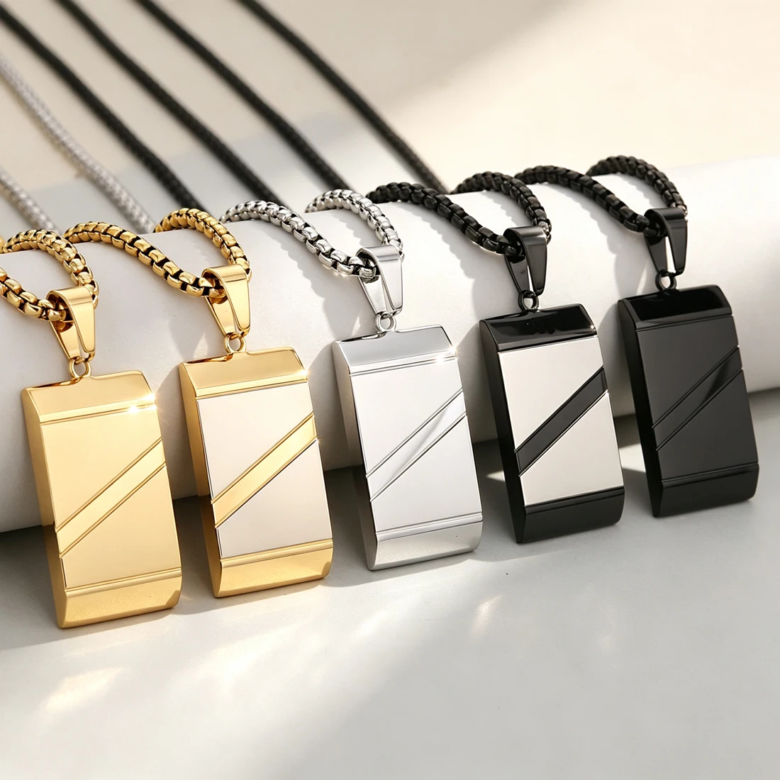 Geometric Diagonal Stripe Dog Tag Pendant Necklace Stainless Steel Rectangle Pendant Fashion Men Street Daily Wear Jewelry Gift