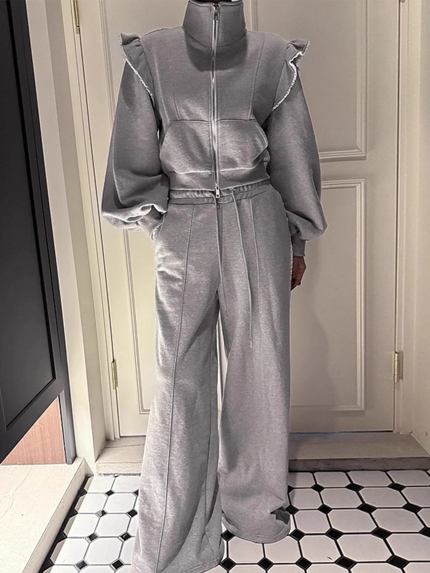 

Шикарный осенний пушистый свитер Jaet, женские повседневные длинные брюки с высокой талией, комплект из двух предметов, длинный све