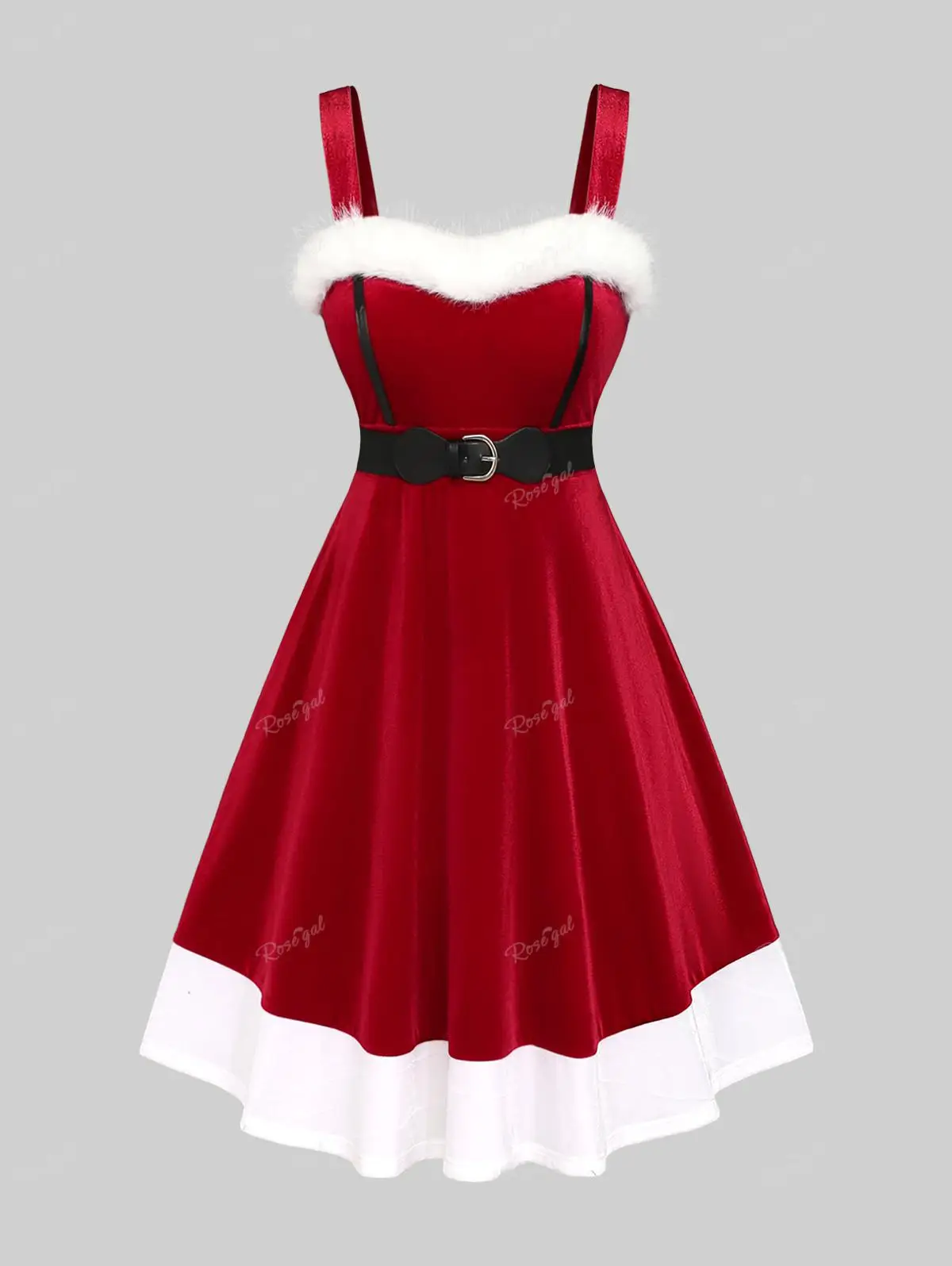 

ROSEGAL Plus Size Fur Trim Velvet Dess With Belt Christmas Women Dresses New Female Casual Colorblock Midi Dress