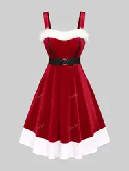 ROSEGAL Plus Size Fur Trim Velvet Dess With Belt 2023 Christmas Women Dresses New Female Casual Colorblock Midi Dress