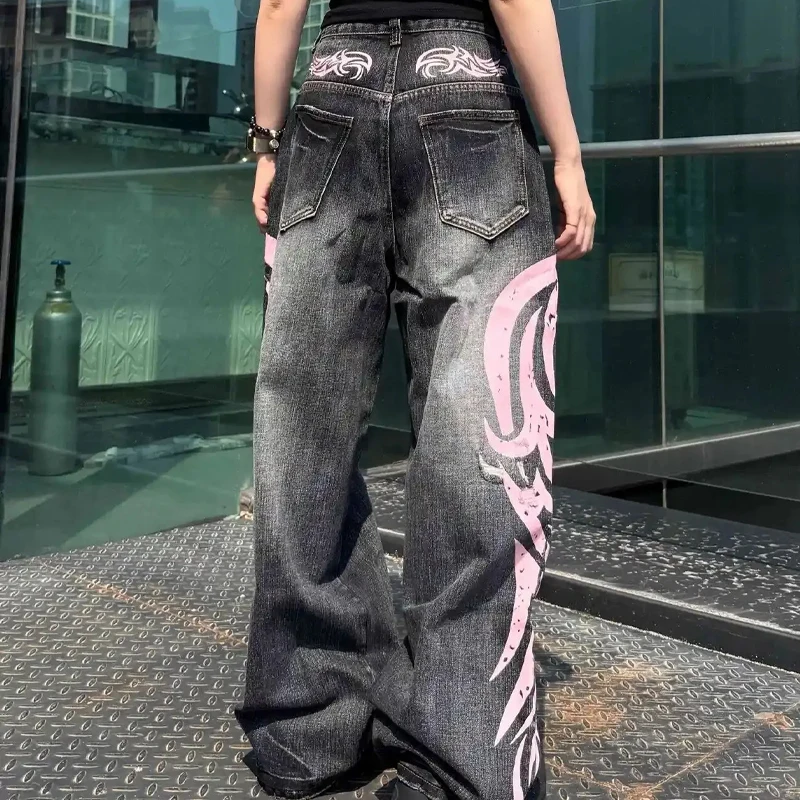 Y2K Aesthetics Goth Vintage Mottled Totem Print Baggy Jeans Women High Waist Wide Leg Jeans Women's Harajuku Punk Hip-Hop Jeans