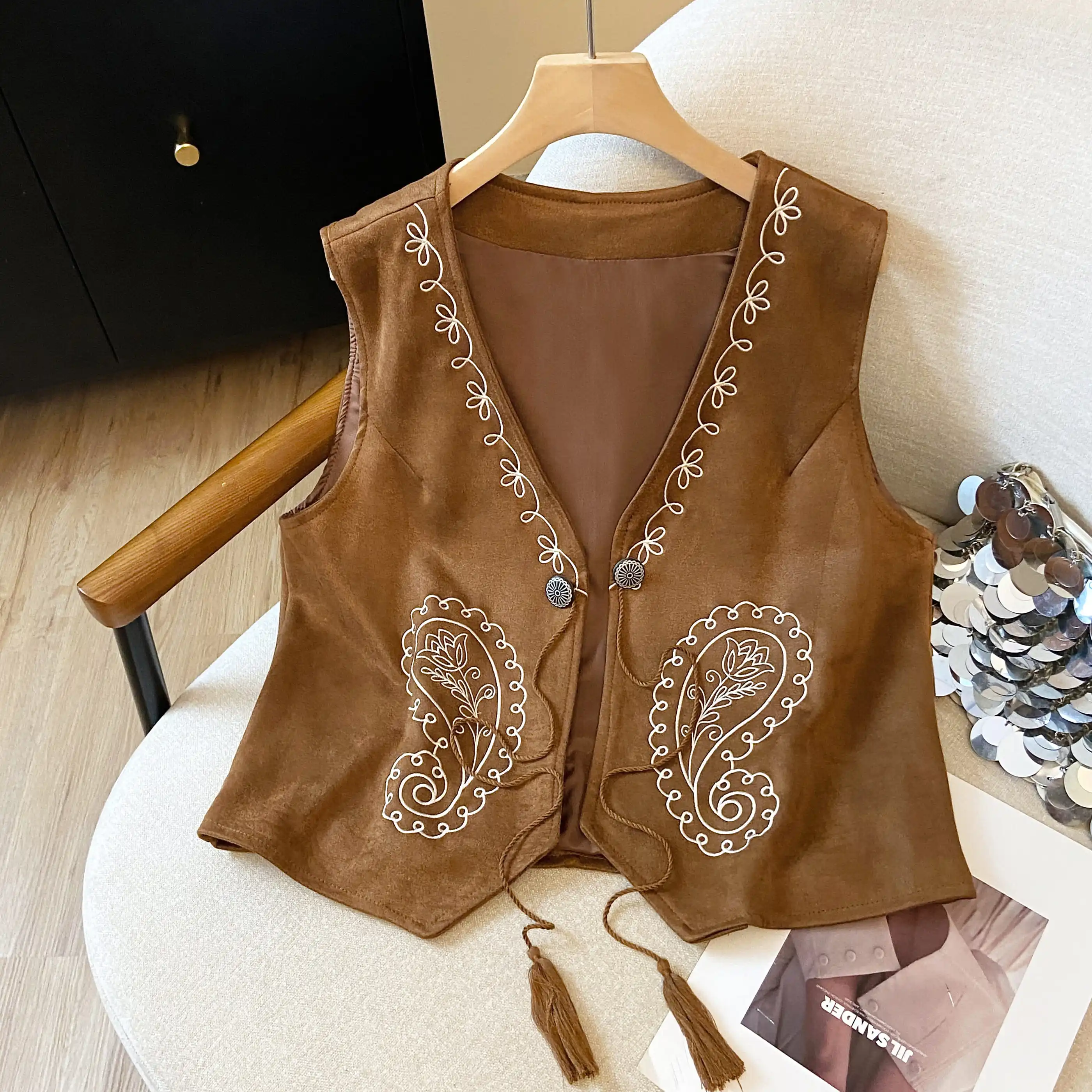 

Ele Embroidered Walnut ell Vest Top Women's Holiday ort Svel V-Ne Layering Belted Tank Top Commute Sle