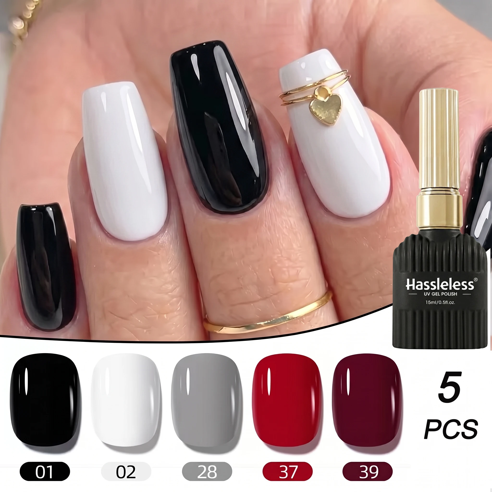 Hassleless 5Pcs Black, White, Gray, and Red Classic Basic Color Nail Polish Gel Set, Fashionable and Versatile Color Scheme, Suitable for Daily Use, Holidays, and Dates, High-End and Simple, Salon Nail Art Diy, Essenti