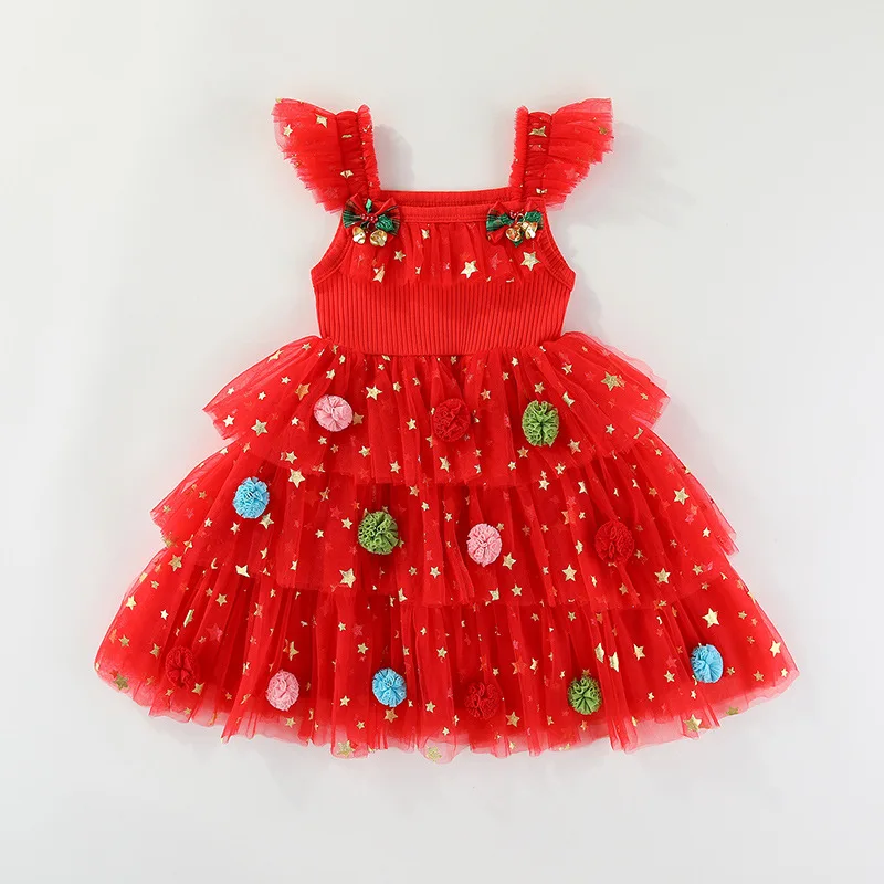 Weihnachts-Schwestern-Partnerlook: Ärmelloses Rüschen-Schulterkleid mit Weihnachtsbaum-Motiv für Mädchen (0-6 Jahre) – Detail 8