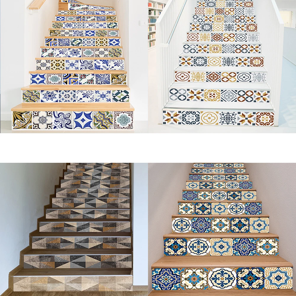 Retro European Abstract Tile Staircase Sticker Removable Symmetrical Geometric Pattern Stairway Riser Cover Decals Waterproof