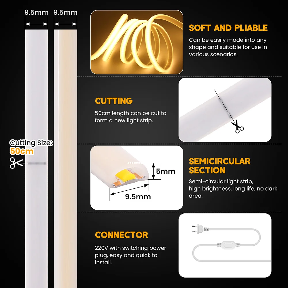 Tira de luces LED de neón COB regulable, Kit de alimentación con interruptor de atenuación, 220V, 288 LED, iluminación lineal de alta densidad,