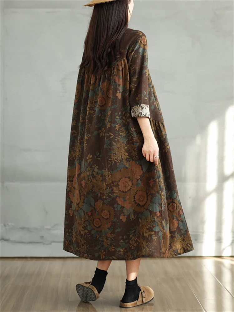 Cotton Vintage Long Sleeve Print Floral Dress Women 2024 Spring Autumn Casual Loose Dresses Femme Robe Vestidos Elegant Clothing