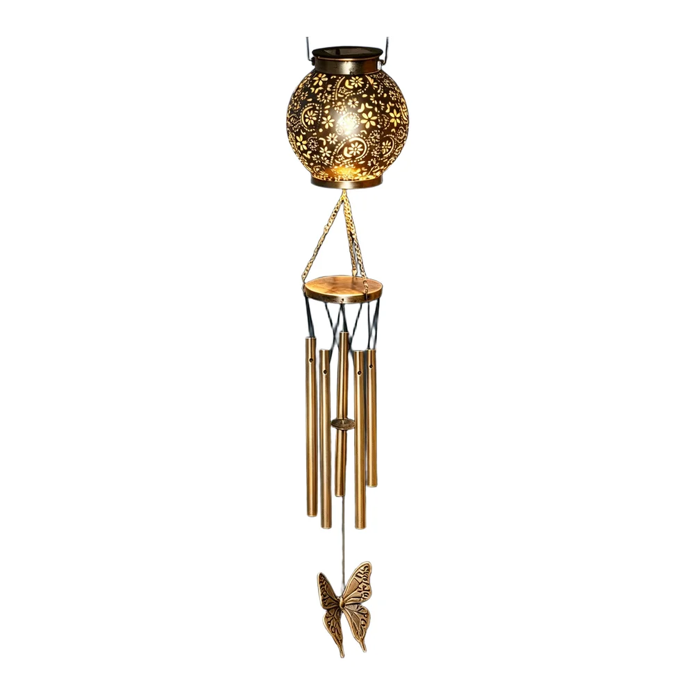 Solar Powered Garden Light Featuring Butterfly-Shaped Housing Wind Chime Elements and Soft Warm Night Illumination
