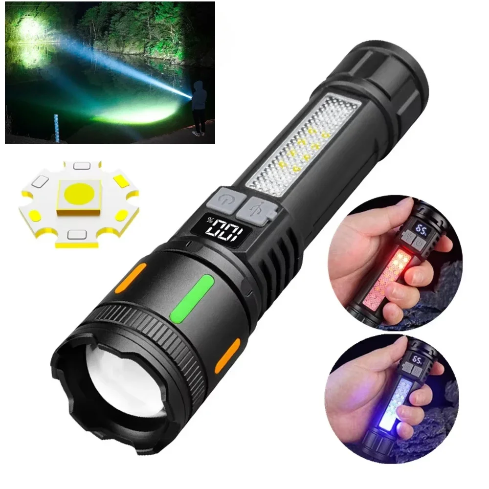 

High Light Spotlight Long LED Flashlight With COB Side light Red Blue light Type-C Fast Charging Zoomable Ultra Bright Torch