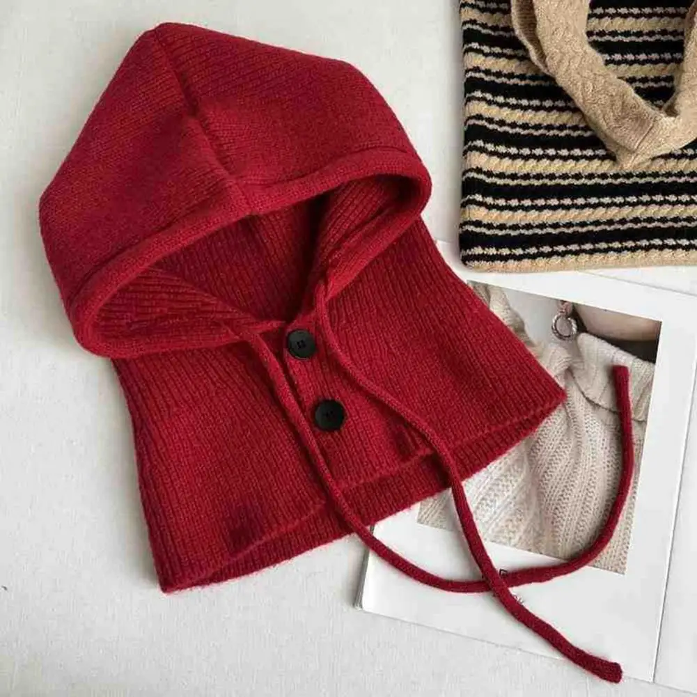 

Soft Knit Hat Women's Winter Windproof Knitting Hat with Drawstring Hooded Scarf Button Closure Elastic Thermal Hat for Cold
