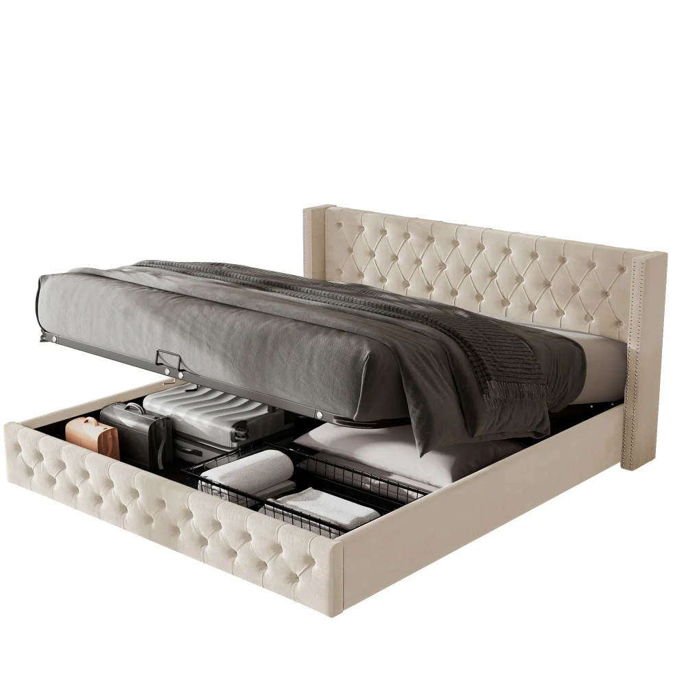 Gepolstertes Doppelbett aus schwarzem Samtflanell mit Nietenknopf und hydraulischem Stauraum (ohne Matratze), 160 x 200 cm oder 180 x 200 cm – Detail 4