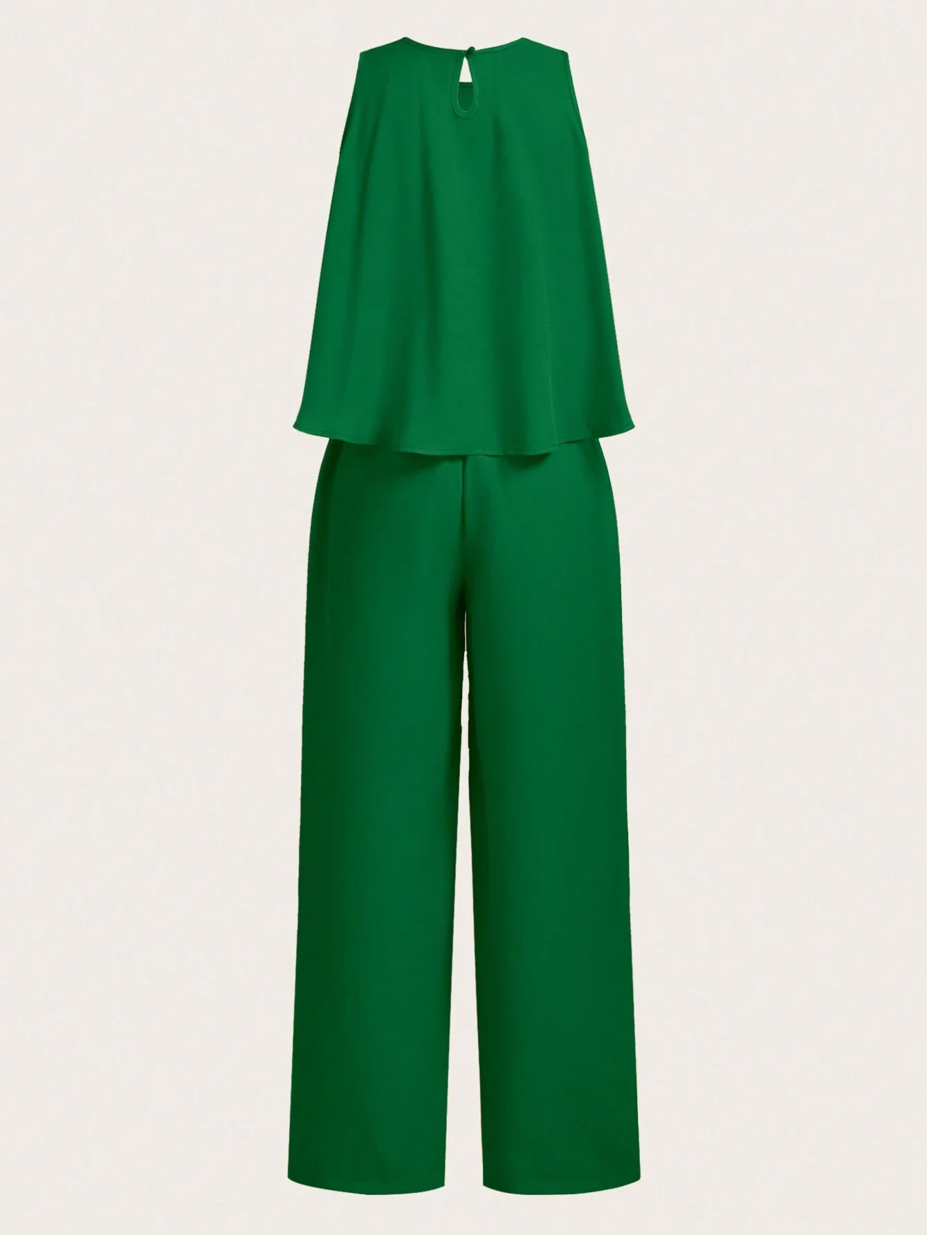 

Элегантный комплект из укороченного топа без рукавов с круглым вырезом и широких брюк зеленого цвета для женщин