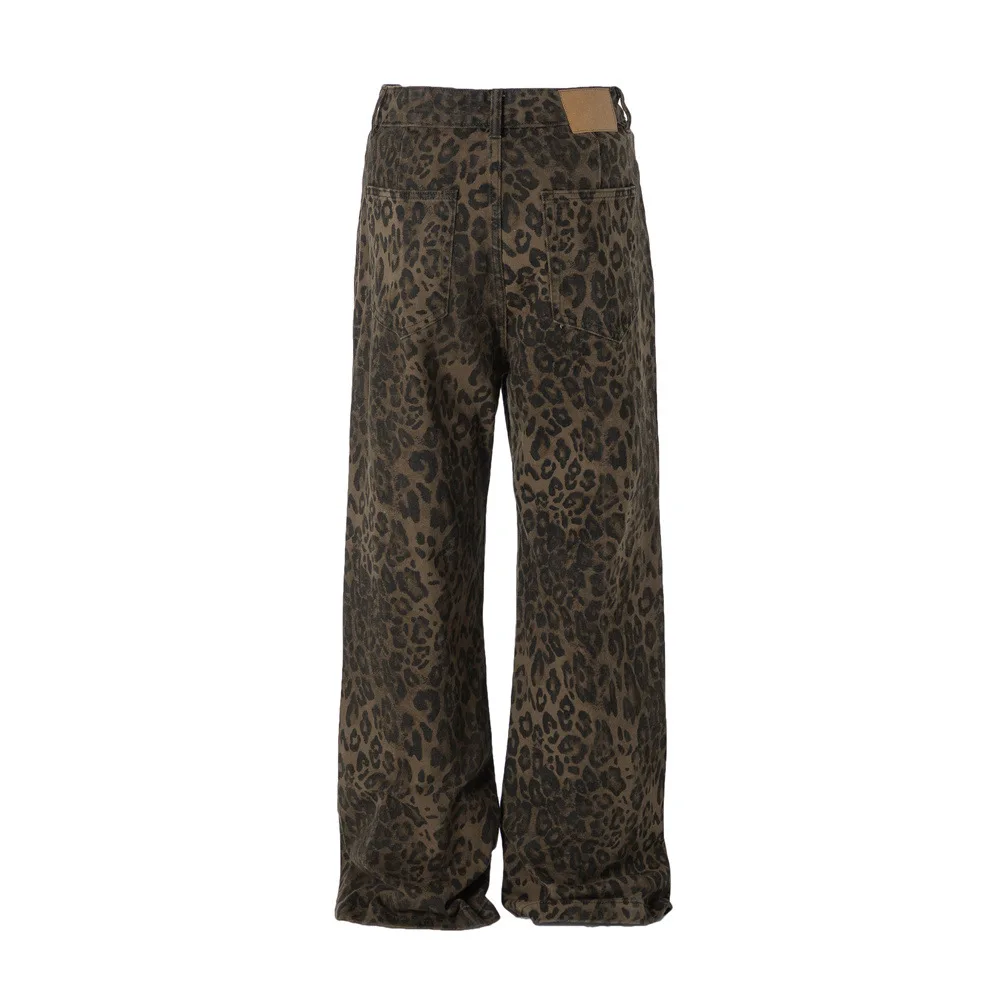 Men's Leopard Camo Jeans Vintage American Streetwear Washed Distressed Baggy Wide Leg Floor-Length Denim Pants