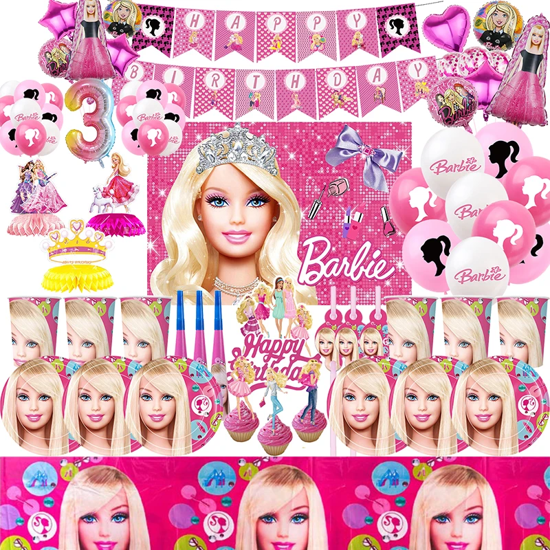 Pink Barbiee Doll Disposable Tableware Party Decoration Girl Happy Birthday Banner Cupcake Topper Background Princess Balloon